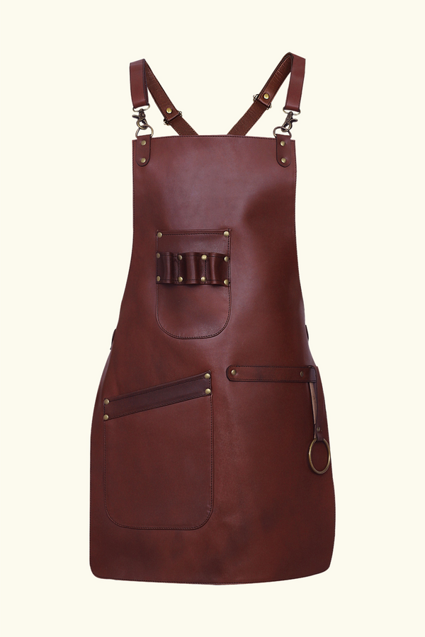 Men's Brown Full-Grain Leather Woodworking Apron with Straps & Pockets