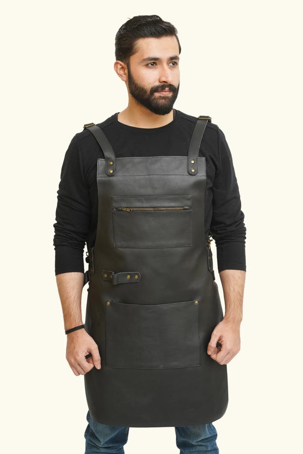 Cross Back Black Leather Apron