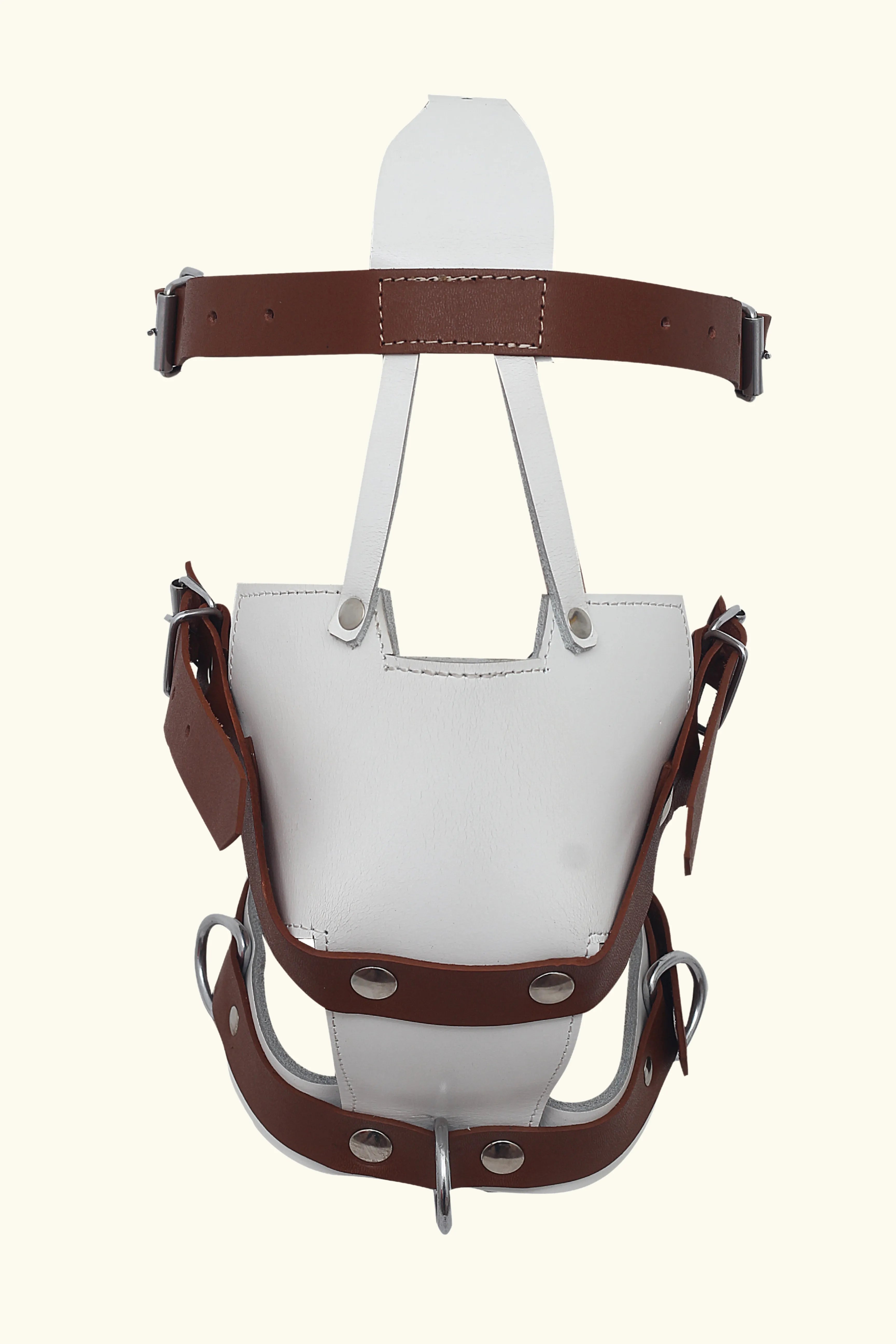  Front side view of model wearing Gay Bondage Muzzle