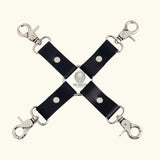 Leather Hogtie. Bdsm hogtie, black leather hogtie