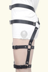 Front side view of model wearing Waist To Thigh Harness