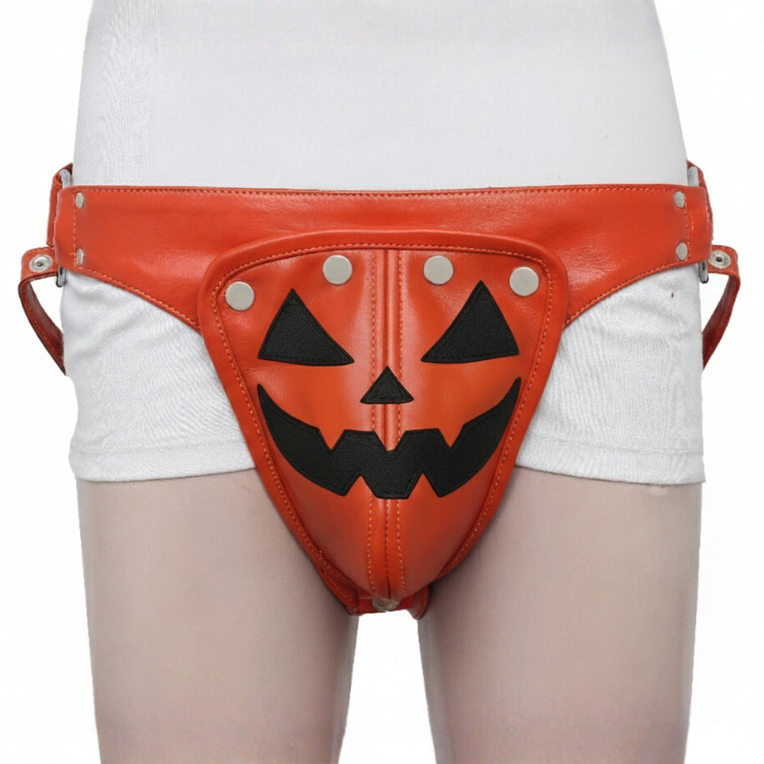 Halloween Orange Leather Jockstrap with Silver Snaps and O-rings