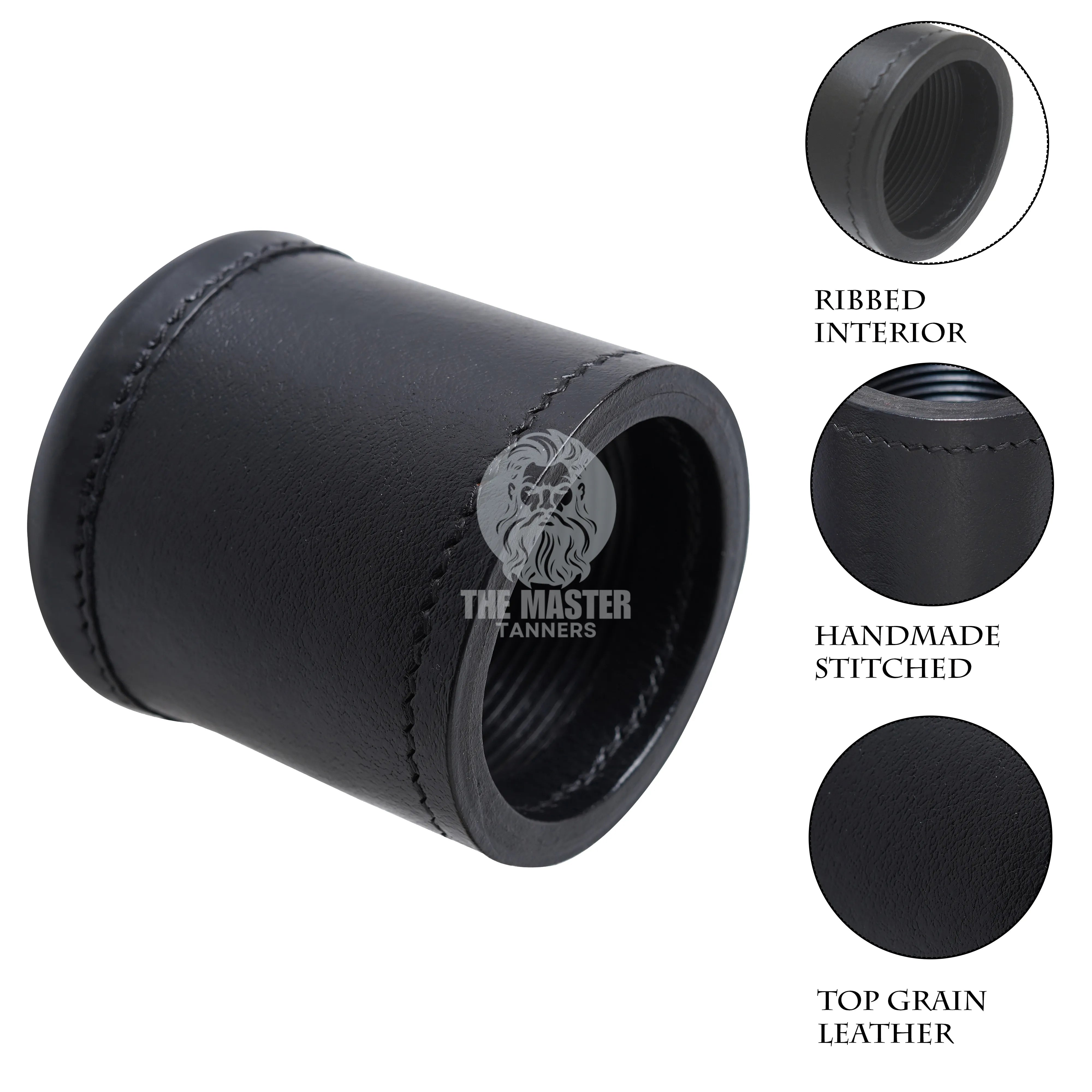 black leather dice cup, handmade leather dice tumbler, top grain leather gaming cup, ribbed interior dice shaker, stitched leather dice roller, premium tabletop game accessory