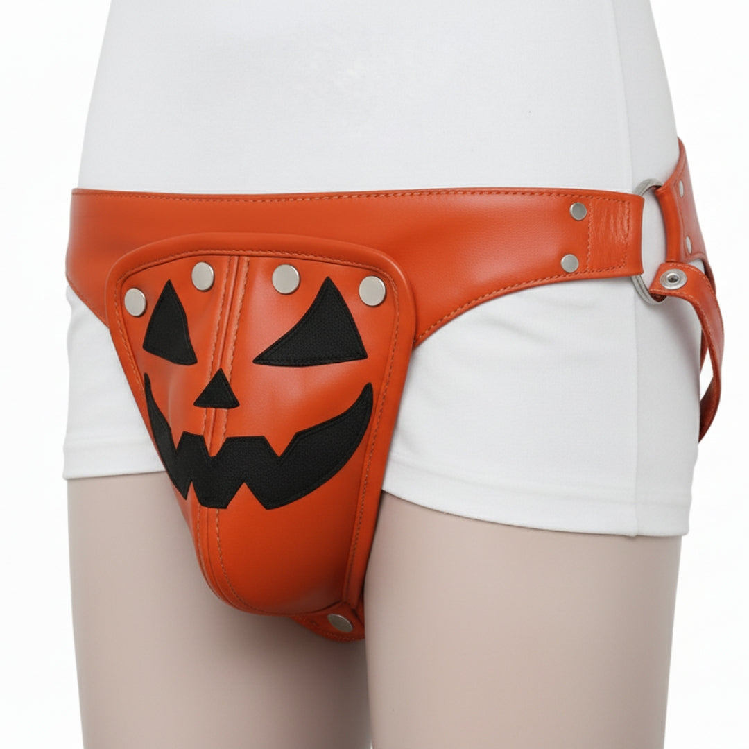 Halloween Orange Leather Jockstrap with Silver Snaps and O-rings