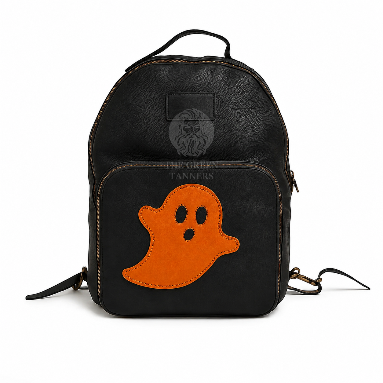 black leather bag, black leather halloween tote bag, black leather halloween candy bag, black leather spooky handbag