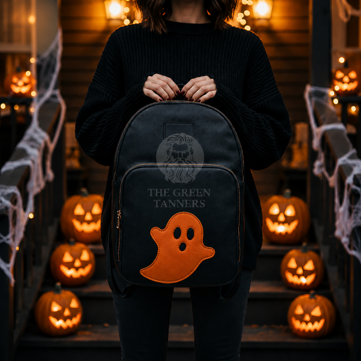 black leather bag, black leather halloween tote bag, black leather halloween candy bag, black leather spooky handbag