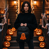 black leather bag, black leather halloween tote bag, black leather halloween candy bag, black leather spooky handbag