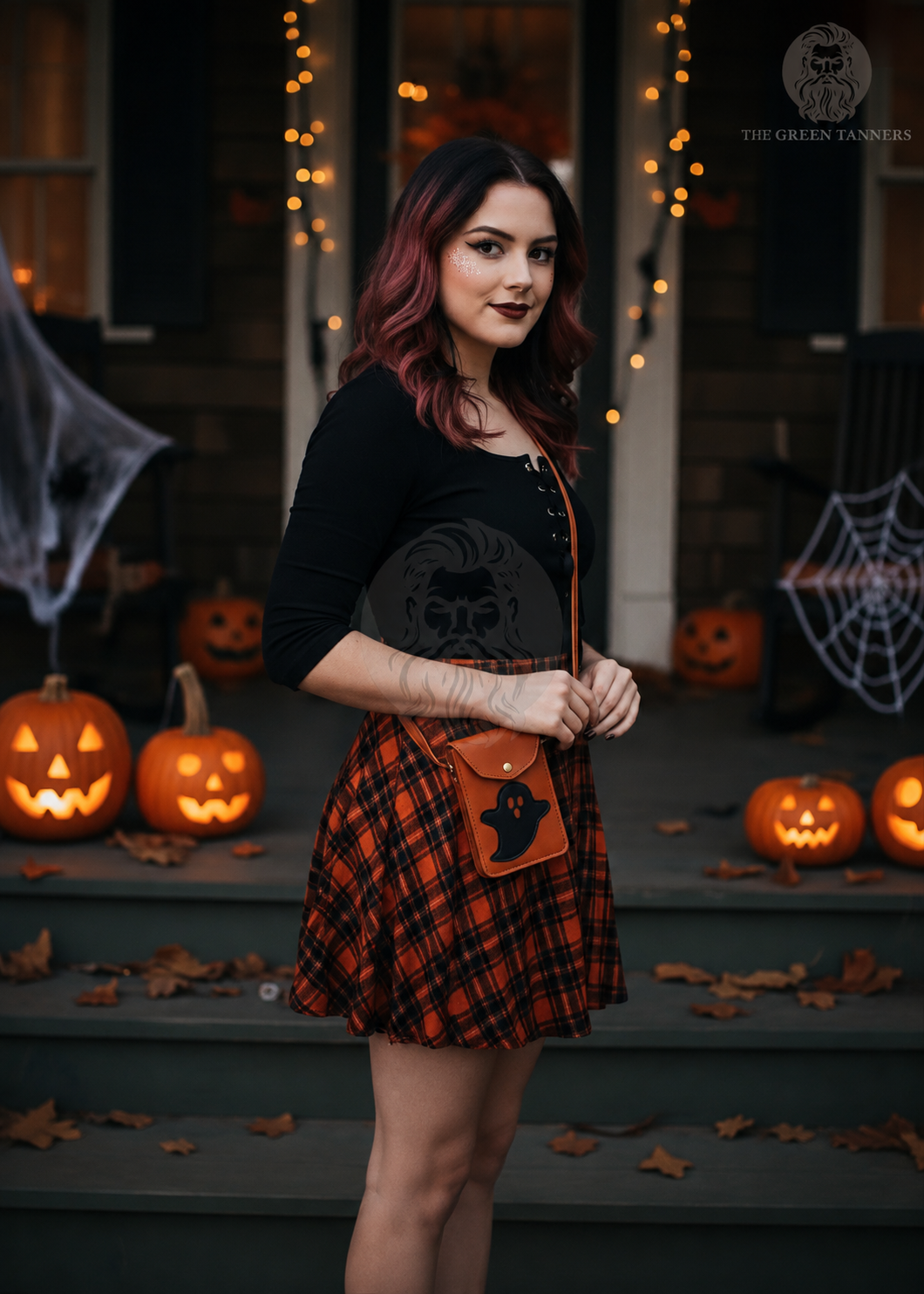 leather phone holster, leather crossbody bag, orange leather crossbody bag, leather Halloween crossbody bag, Halloween leather bag, ghost design leather bag, women’s leather crossbody bag