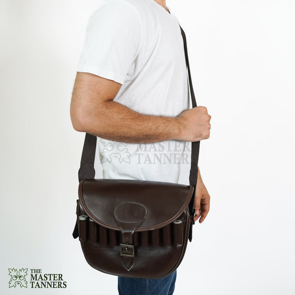 leather cartridge bag, brown cartridge bag, leather shooting bag,