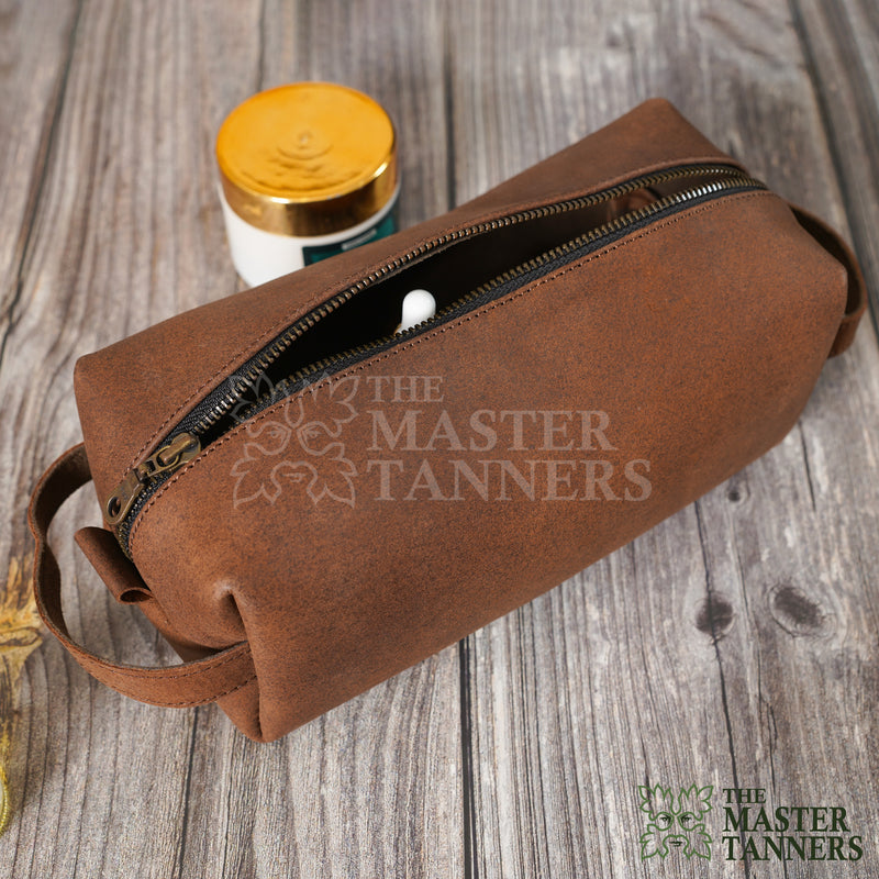 leather toiletry bag, brown toiletry bag