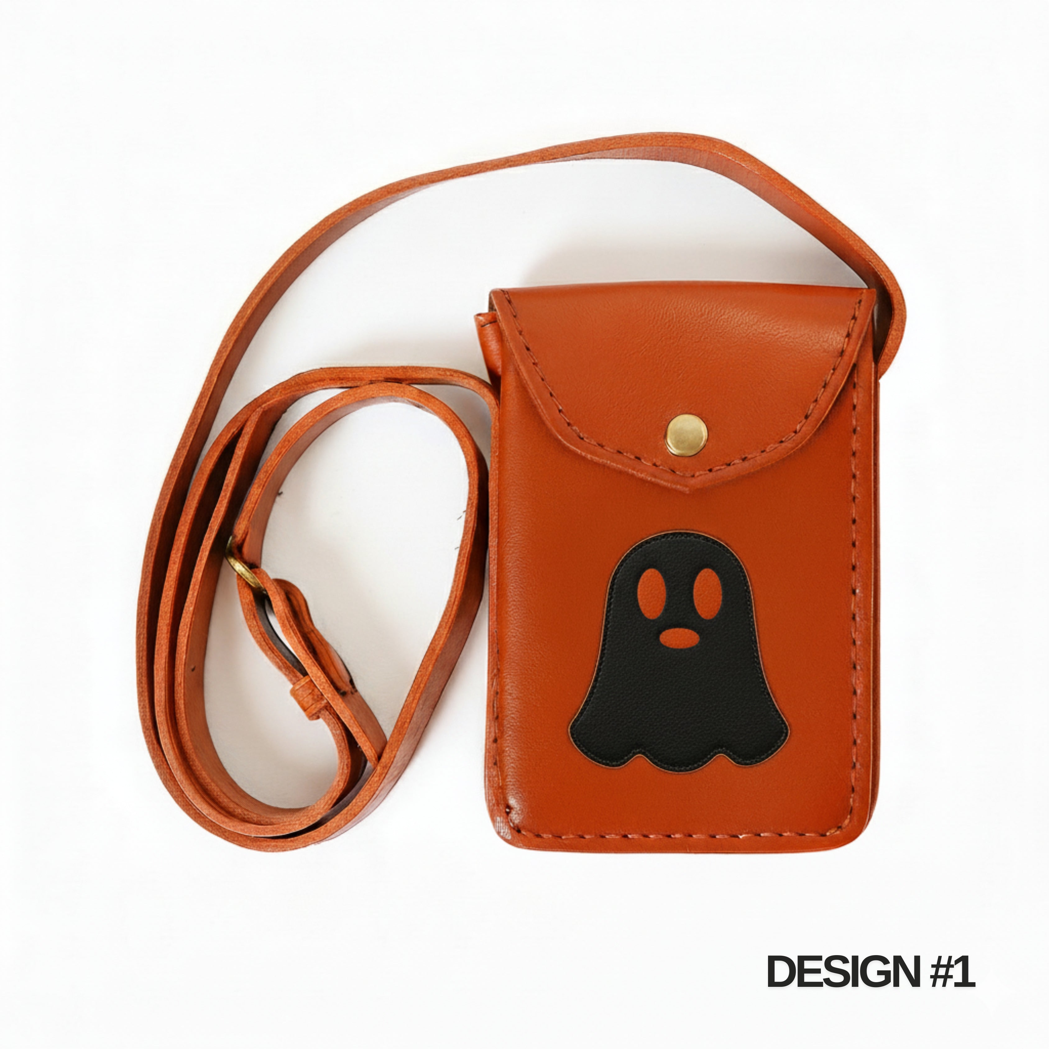 leather phone holster, leather crossbody bag, orange leather crossbody bag, leather Halloween crossbody bag, Halloween leather bag, ghost design leather bag, women’s leather crossbody bag