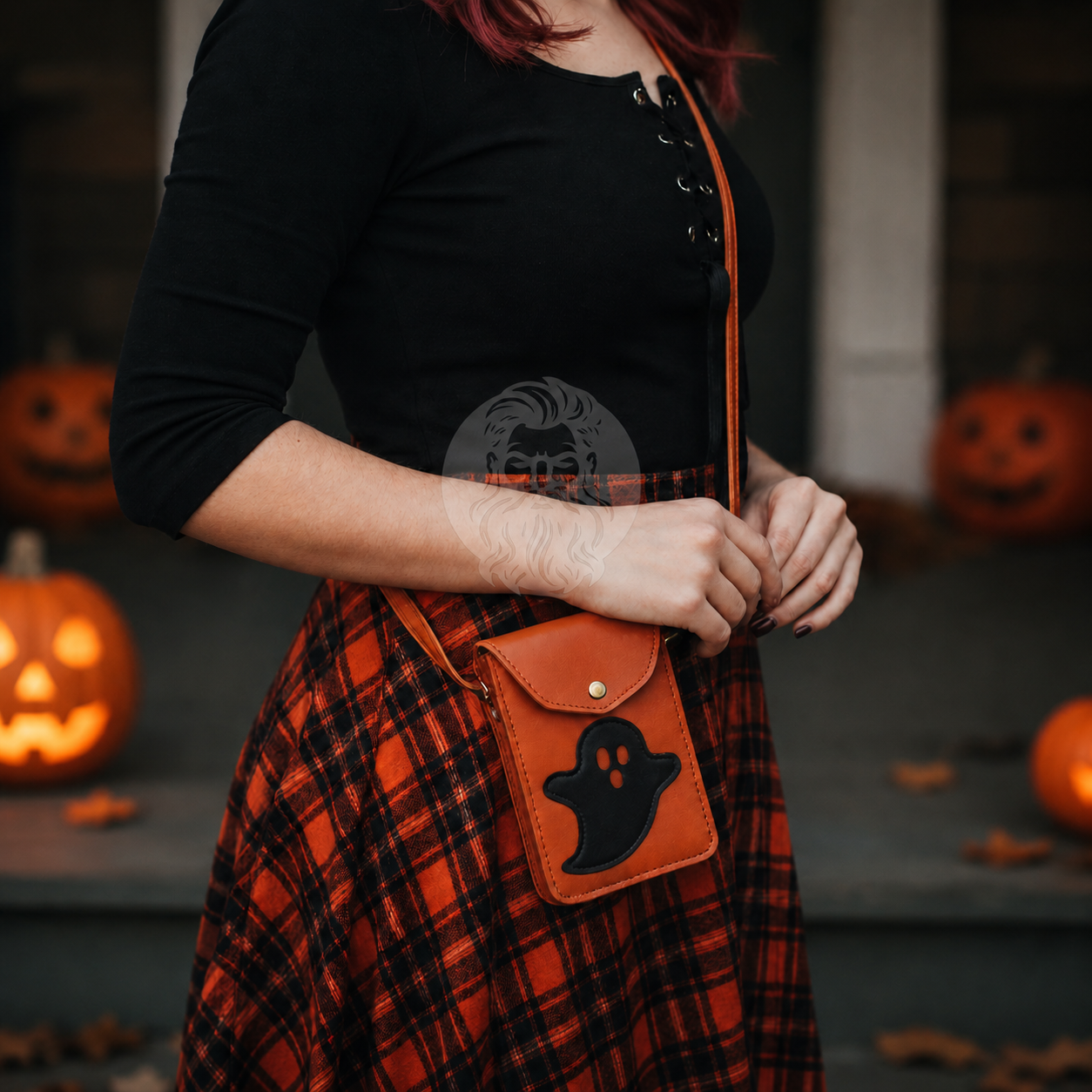 leather phone holster, leather crossbody bag, orange leather crossbody bag, leather Halloween crossbody bag, Halloween leather bag, ghost design leather bag, women’s leather crossbody bag