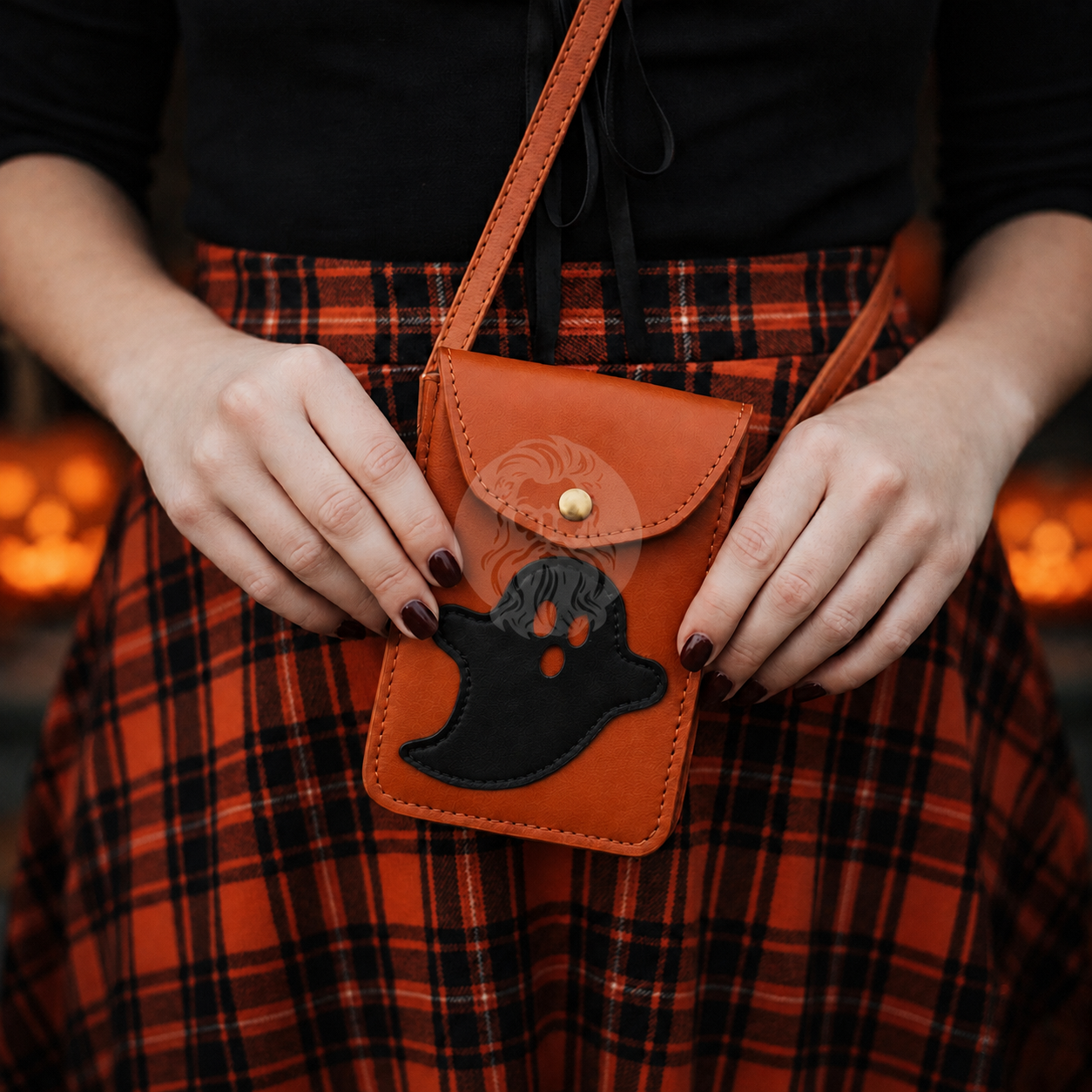leather phone holster, leather crossbody bag, orange leather crossbody bag, leather Halloween crossbody bag, Halloween leather bag, ghost design leather bag, women’s leather crossbody bag