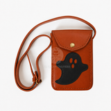 leather phone holster, leather crossbody bag, orange leather crossbody bag, leather Halloween crossbody bag, Halloween leather bag, ghost design leather bag, women’s leather crossbody bag