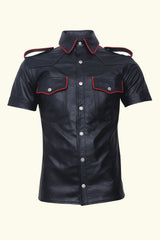 Genuine Leather Men's Black Short Sleeve Shirt, Short Sleeve Shirt, Men's Black Short Sleeve Shirt, Men's Black Leather Shirt, 