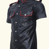 Genuine Leather Men's Black Short Sleeve Shirt, Short Sleeve Shirt, Men's Black Short Sleeve Shirt, Men's Black Leather Shirt, 