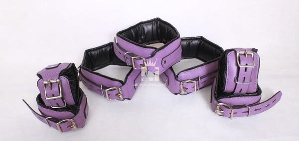 leather cuffs, leather restraint, leather bondage handcuffs, purple restraint cuffs
