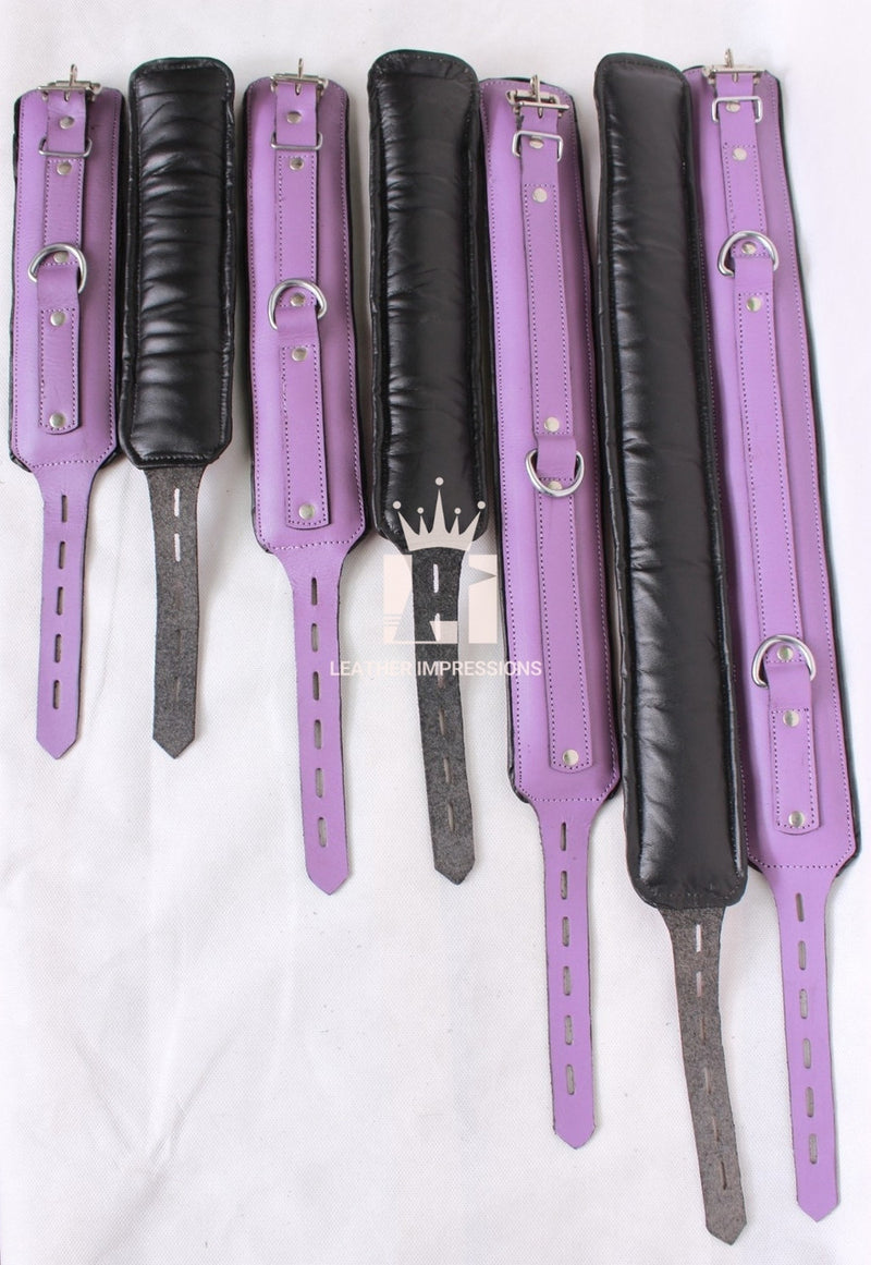 leather cuffs, leather restraint, leather bondage handcuffs, purple restraint cuffs