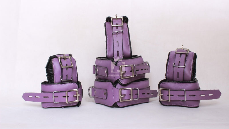 leather cuffs, leather restraint, leather bondage handcuffs, purple restraint cuffs