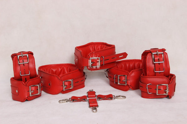 leather wrist cuffs, leather bondage cuffs, red wrist restraint cuffs, Leather Cuffs