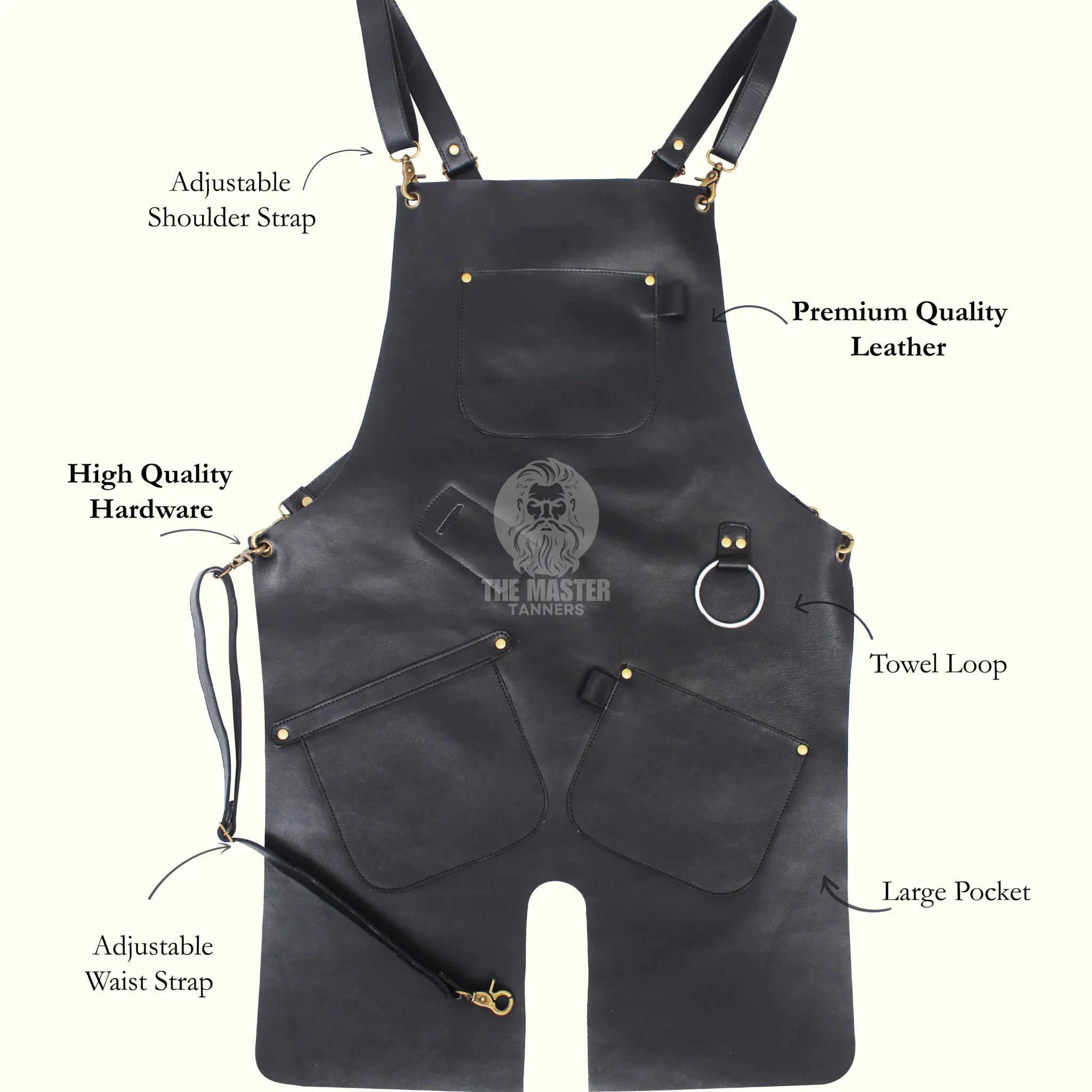 Leather apron, black leather apron, barber apron, salon apron, hairstylist apron, adjustable leather apron, cross-back apron, utility leather apron, tool apron, grooming apron, towel loop apron, professional leather apron, leather apron with pockets, heavy-duty apron, premium quality apron
