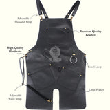 Leather apron, black leather apron, barber apron, salon apron, hairstylist apron, adjustable leather apron, cross-back apron, utility leather apron, tool apron, grooming apron, towel loop apron, professional leather apron, leather apron with pockets, heavy-duty apron, premium quality apron