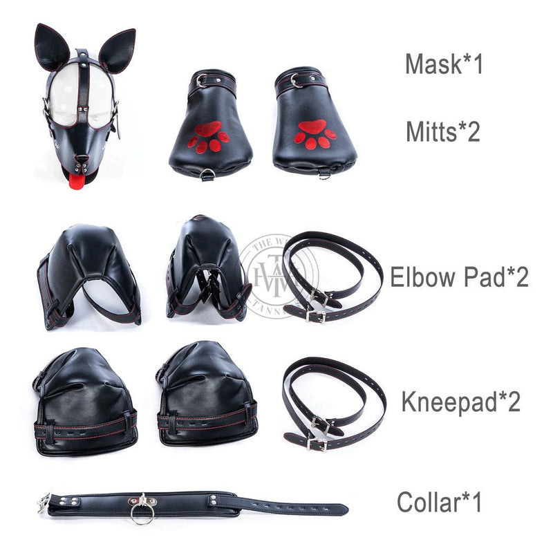 Genuine Leather Full Pet Play Restraint Set with Mask