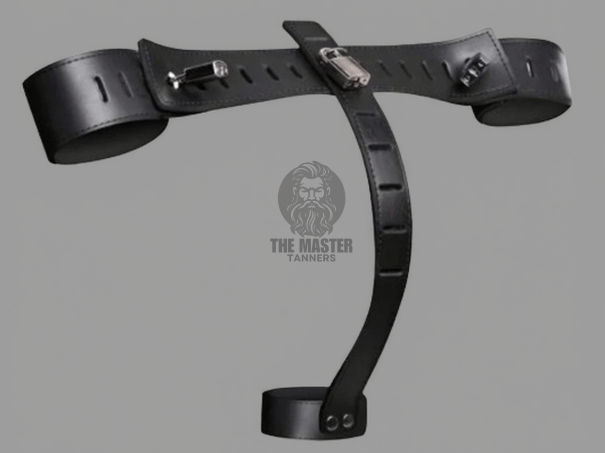 waist to ball cuffs, leather waist balls cuffs, black cuffs, leather balls cuffs, leather handcuffs