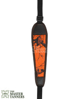 orange and black leather gun strap, rifle sling strap, shotgun strap, leather gun strap