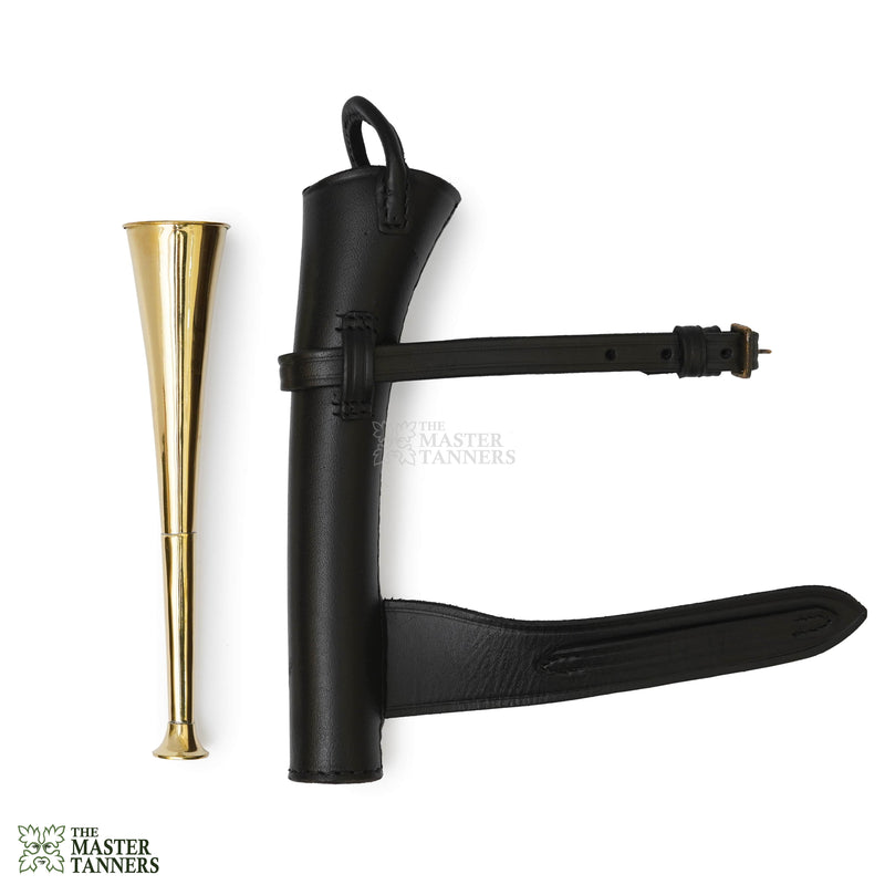 hunting horn, fox hunting horn, fox hunting horn with leather case, plain brass horn, plain brass horn with leather case, fox hunting horn for sale, Fox Hunting Horn