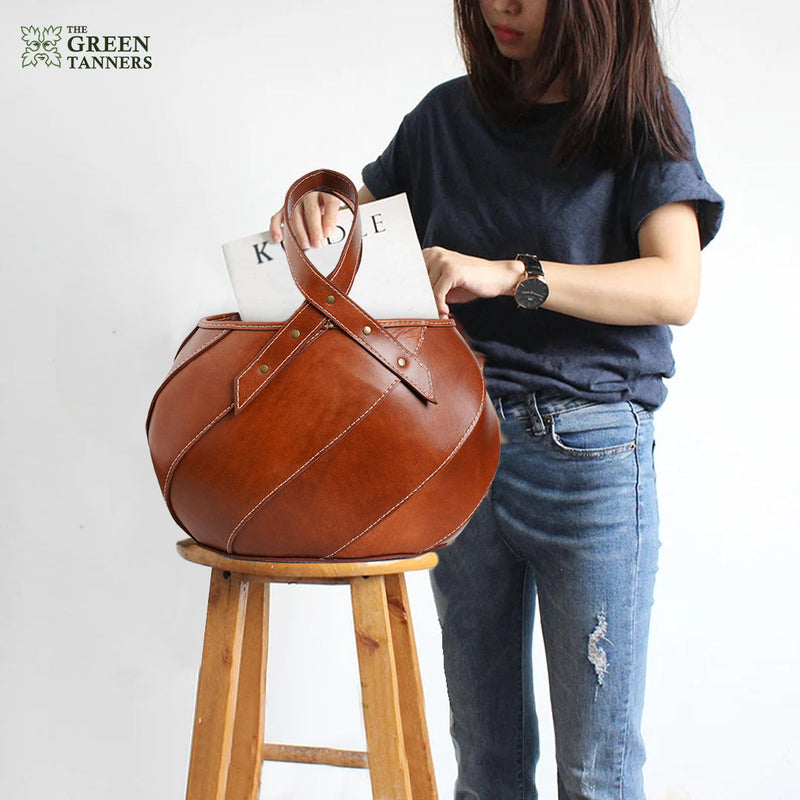 Round Tote bag, Leather Tote bag, tan leather tote bag, women leather tote bag