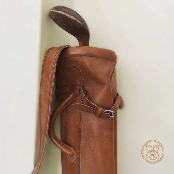 vintage leather golf bag, sunday golf bag, old leather golf bag, antique golf bag, leather sunday golf bag