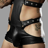 leather men lingerie, leather bondage bodysuit, leather harness, leather bodysuit