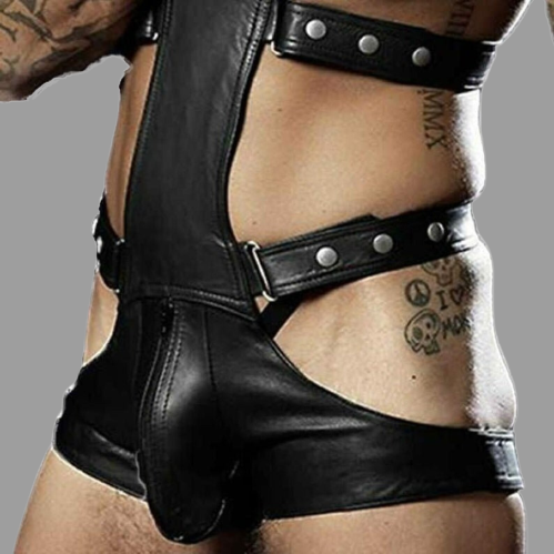 leather men lingerie, leather bondage bodysuit, leather harness
