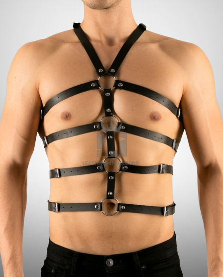 mens leather harness with multiple O-rings, leather harness, Mens Leather Harness