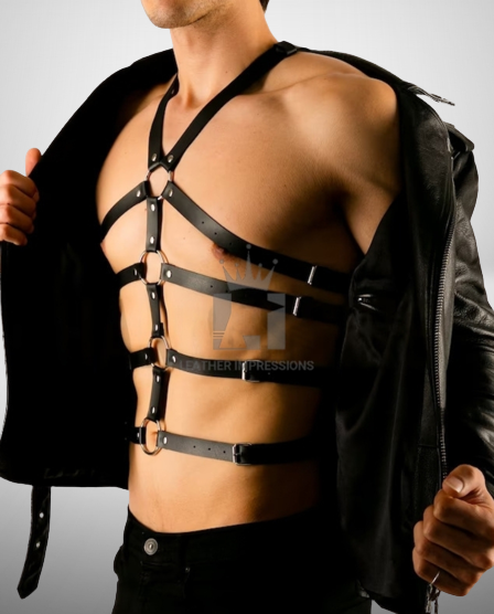 mens leather harness with multiple O-rings, leather harness, Mens Leather Harness
