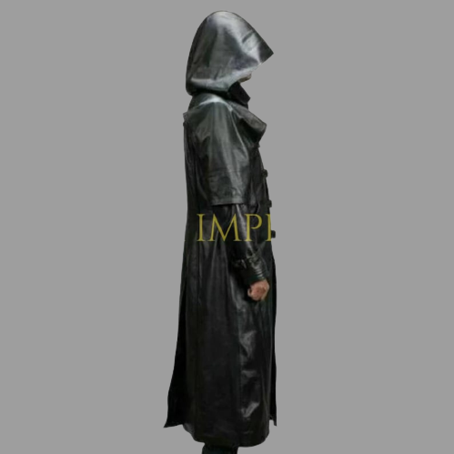  leather coat, leather long coat, leahter trench coat, leather leather overcoat, leather hooded long coat