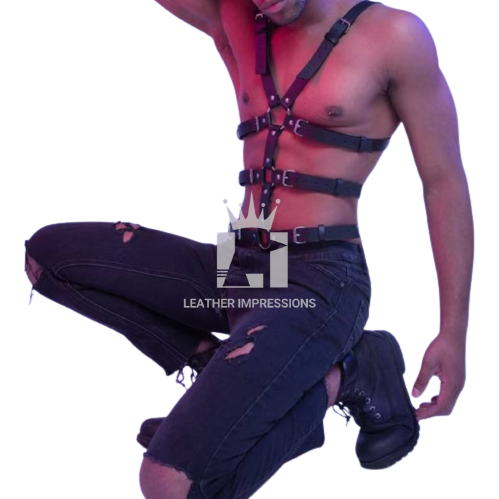 mens leather harness, leather harness, multiple O-rings with adjustable straps , Mens Leather Harness