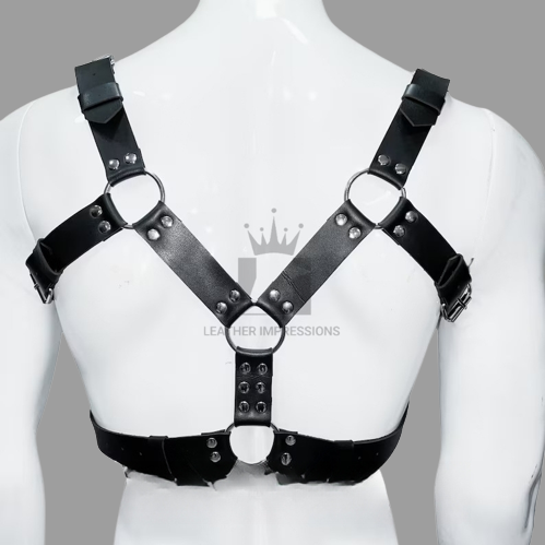 mens leather harness with four O-rings, harness with adjustable straps, Mens Leather Harness, Leather Chest harness