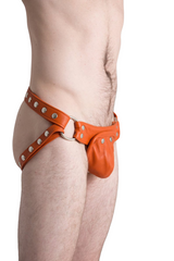  leather jockstrap, orange leather jockstrap, leather thong, leather jockstrap wtih O-rings