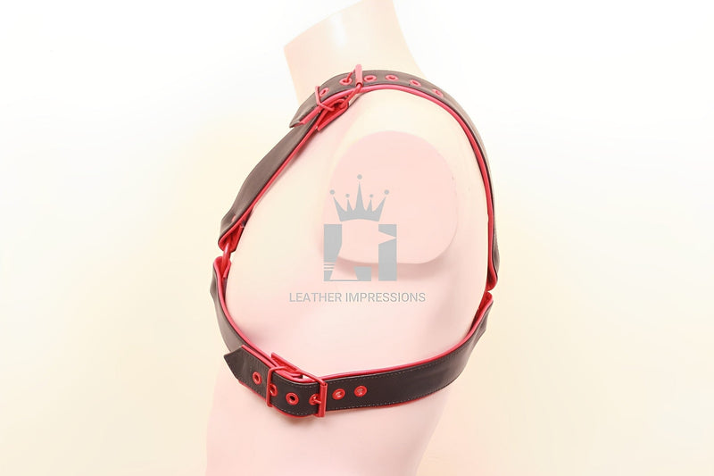 black with red piping leather harness, leather bondage harness, leather harness