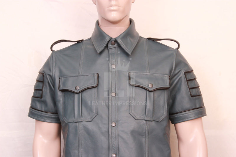 Leather military style shirt, leather BDSM shirt, Bondage leather Shirt, Leather Police Shirt fetish, leather party shirt