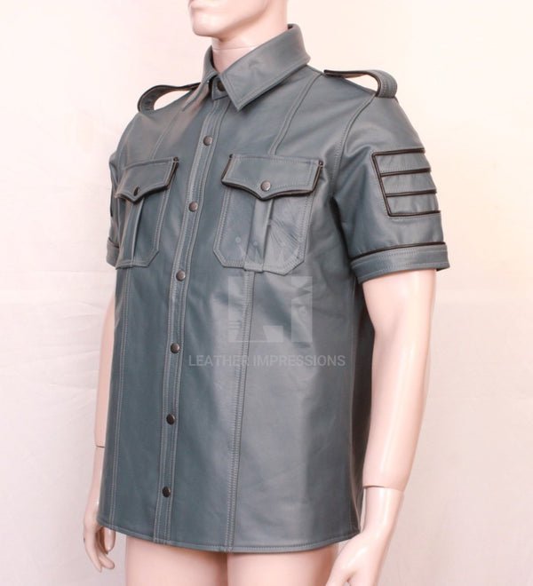 Leather military style shirt, leather BDSM shirt, Bondage leather Shirt, Leather Police Shirt fetish, leather party shirt