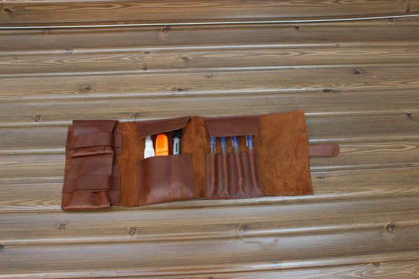 leather pencil roll, leather tool roll, 