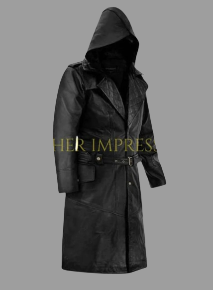 leather coat, leather long coat, leahter trench coat, leather leather overcoat, hooded leather coat