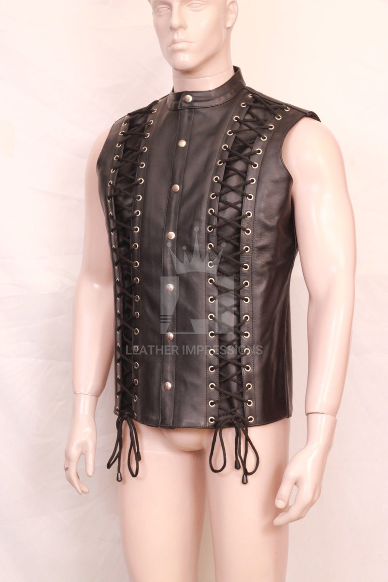 leather vest, men's leather vest, men leather vest, laced up men's leather vest, Leather Mens Top