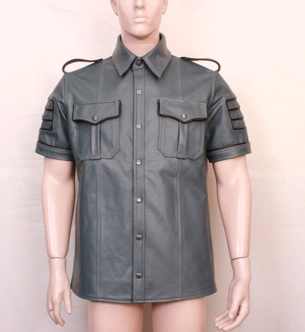 Leather military style shirt, leather BDSM shirt, Bondage leather Shirt, Leather Police Shirt fetish, leather party shirt