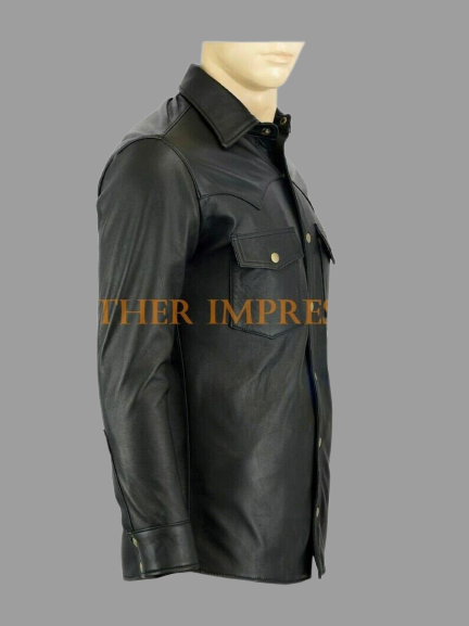 leather shirt, full sleeve black leather shirt, leather button up shirt, gay leather shirt, leather shirt BDSM
