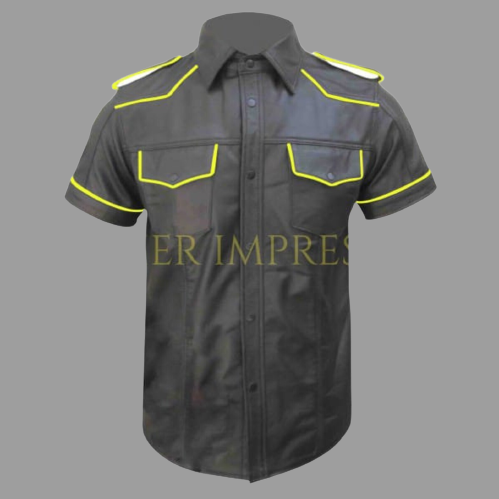   leather shirt, gay leather shirt, leather shirt  bdsm, bondage leather shirt, Short Sleeve Shirt