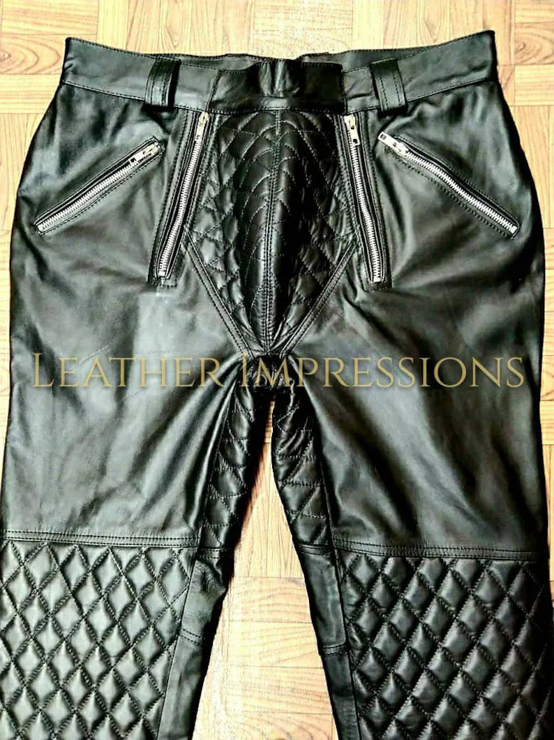leather quilted pants, leather pants, leather BDSM pants, leather bondage pants, gay leather pants, leather pants mens